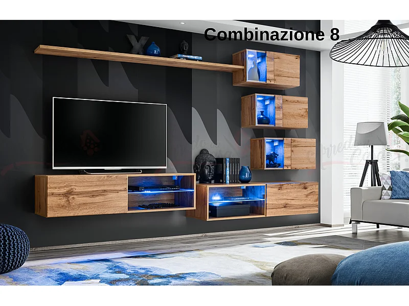 Parete attrezzata per soggiorno con vetrinette e luci led 260x170 rovere PAP70