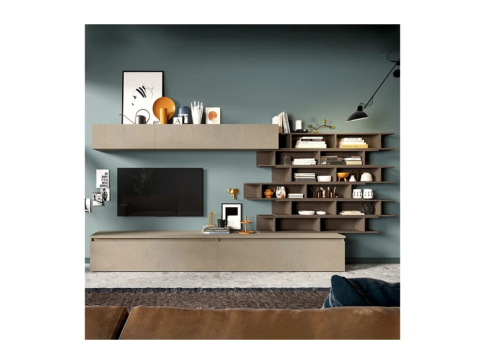 Parete attrezzata con libreria sospesa 345x164 cm argilla e bronzo PAL21