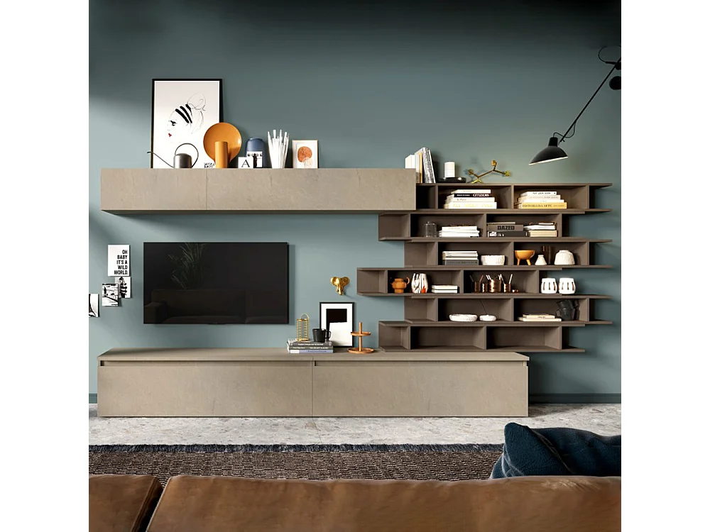 Parete attrezzata con libreria sospesa 345x164 cm argilla e bronzo PAL21