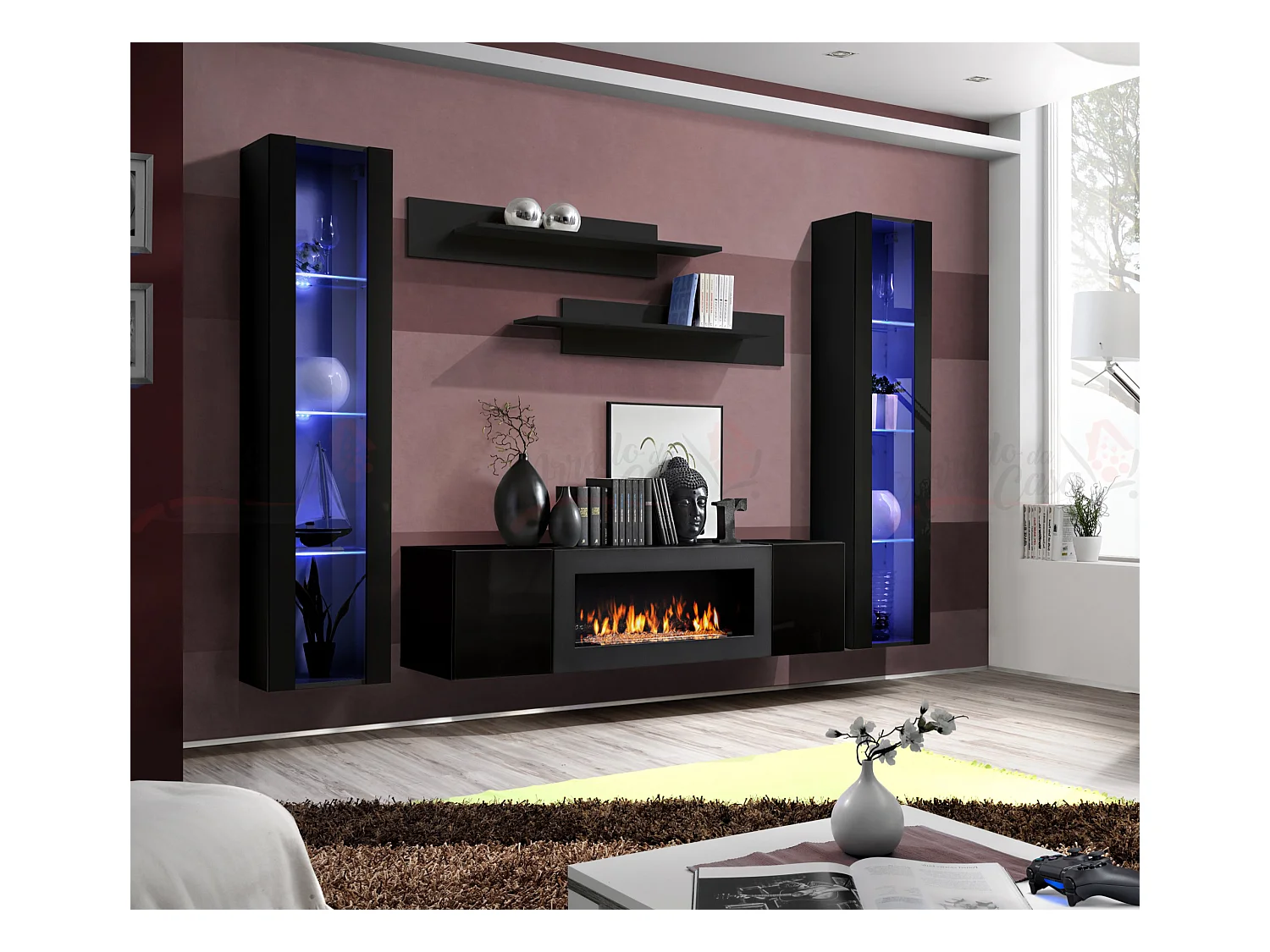 Parete attrezzata soggiorno moderna con biocamino e vetrine 260x170 nero PAP109