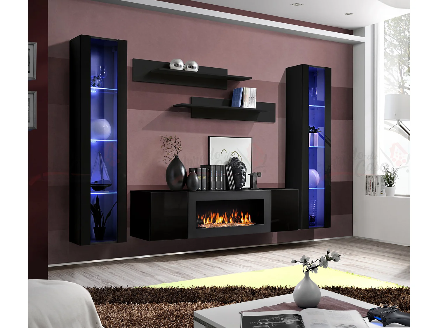 Parete attrezzata soggiorno moderna con biocamino e vetrine 260x170 nero PAP109