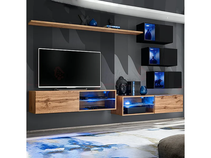 Parete attrezzata per soggiorno con vetrinette e luci led 260x170 rovere e nero PAP70