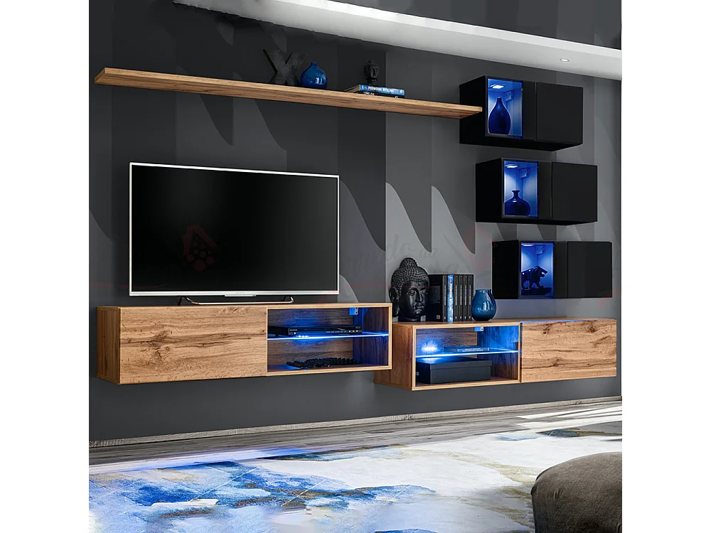 Parete attrezzata per soggiorno con vetrinette e luci led 260x170 rovere e nero PAP70