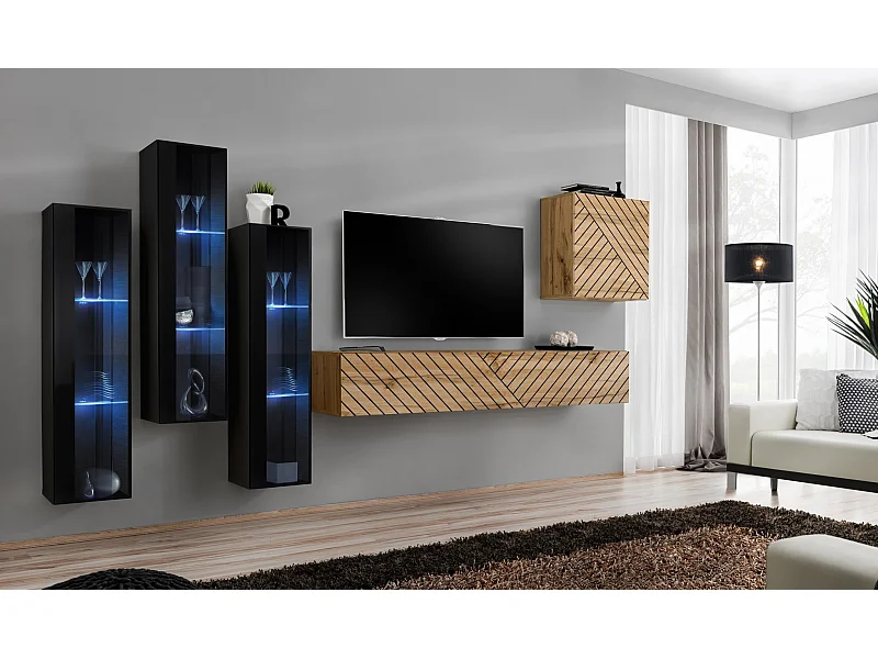 Parete attrezzata da soggiorno con luci LED 270x160 nero e rovere PAP57