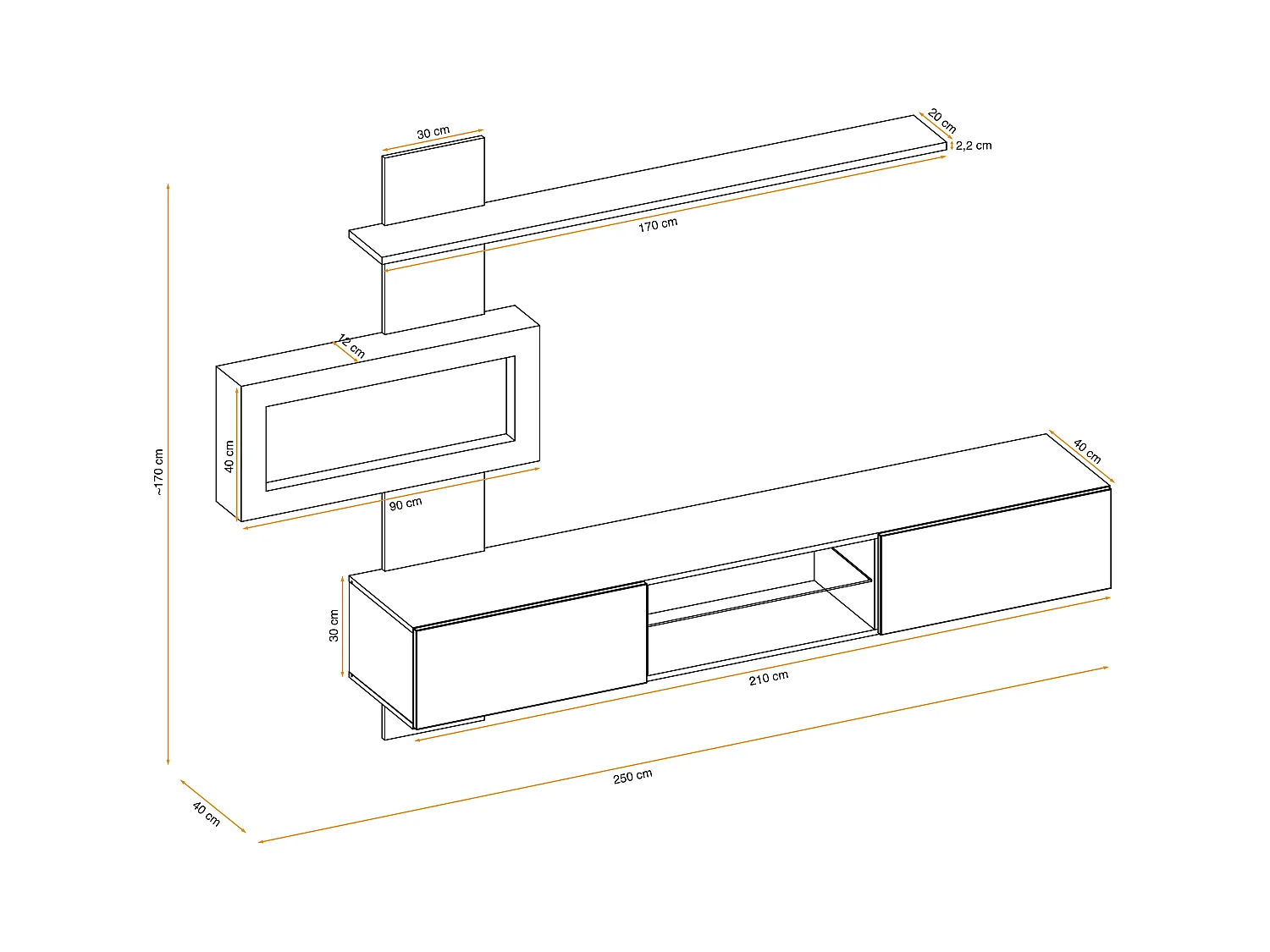 Parete attrezzata sospesa moderna con biocamino 250x170 rovere PAP136