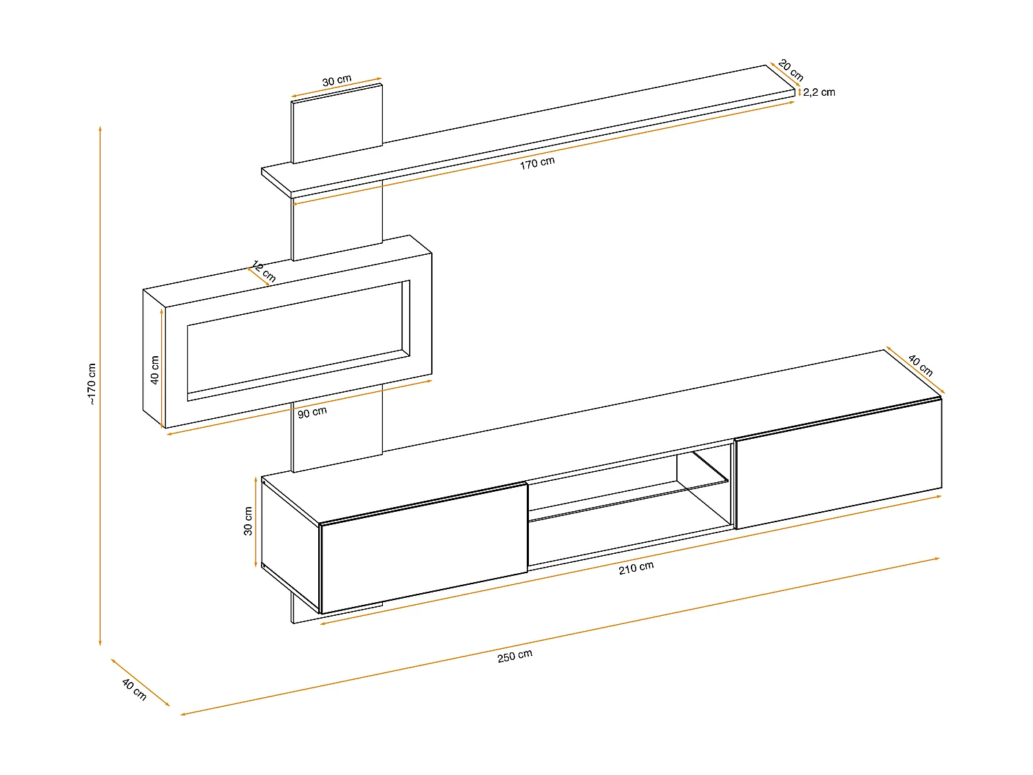 Parete attrezzata sospesa moderna con biocamino 250x170 rovere PAP136