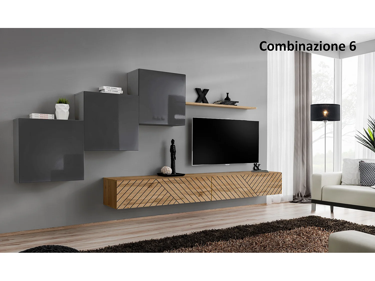 Parete attrezzata mobile TV moderna 330x160 grigio e rovere PAP54