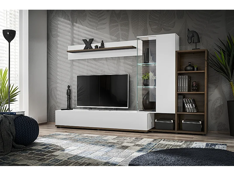 Parete attrezzata con illuminazione LED 240x145 bianco perla e noce PAP147