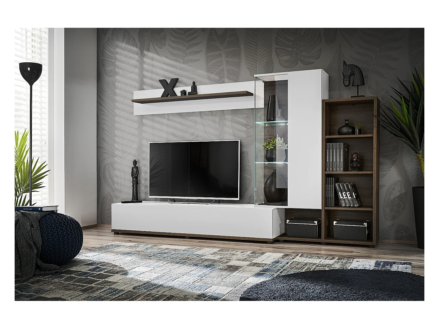 Parete attrezzata con illuminazione LED 240x145 bianco perla e noce PAP147