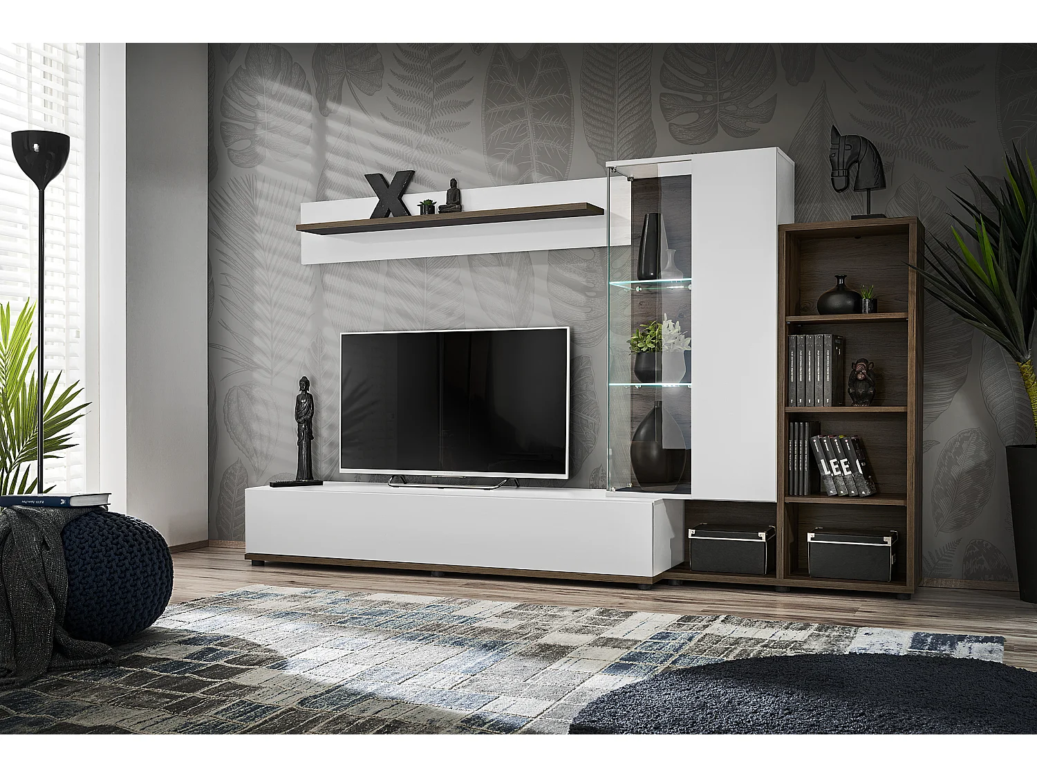 Parete attrezzata con illuminazione LED 240x145 bianco perla e noce PAP147