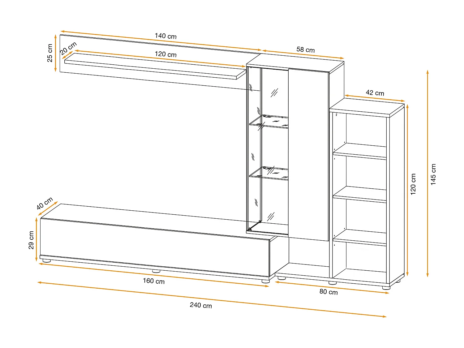 Parete attrezzata con illuminazione LED 240x145 bianco perla e noce PAP147