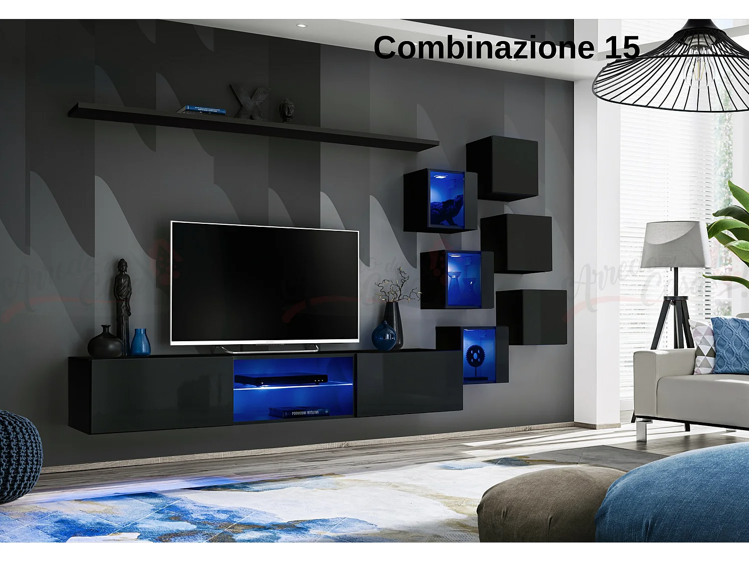 Parete attrezzata soggiorno con mobile TV sospeso 260x150 nero PAP67