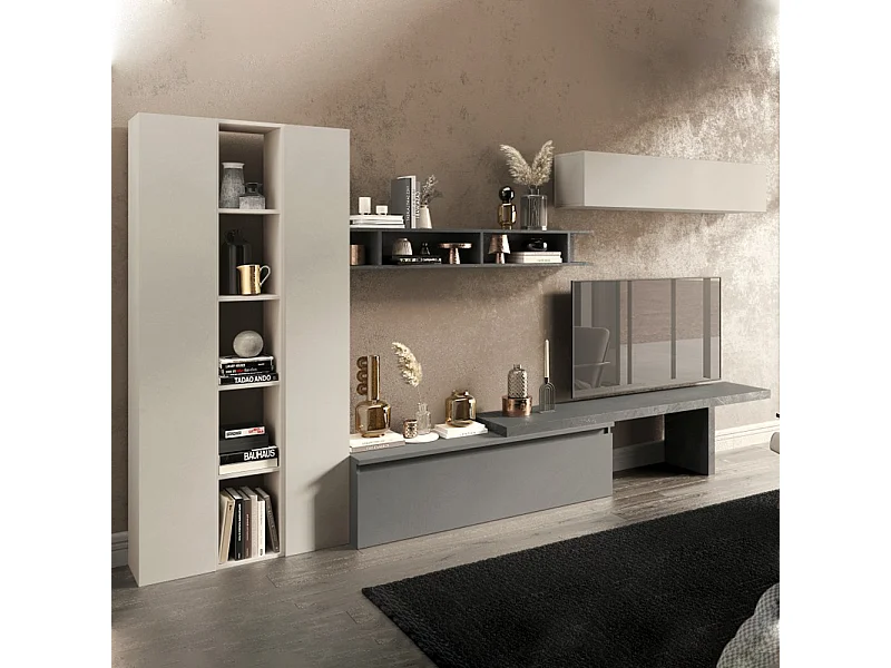 Parete attrezzata elegante 360x195 cm grigio, beige, piombo PAL58