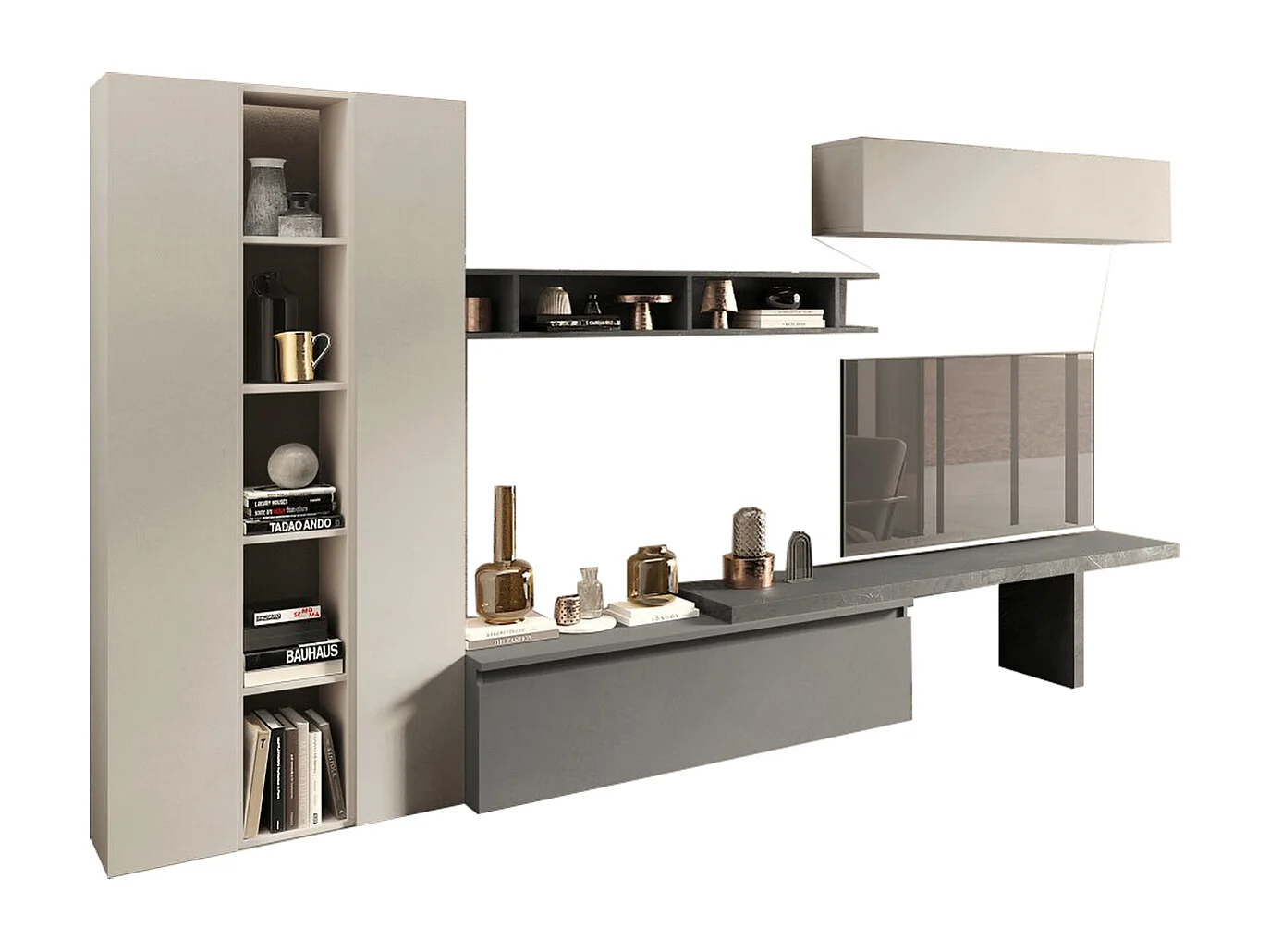 Parete attrezzata elegante 360x195 cm grigio, beige, piombo PAL58