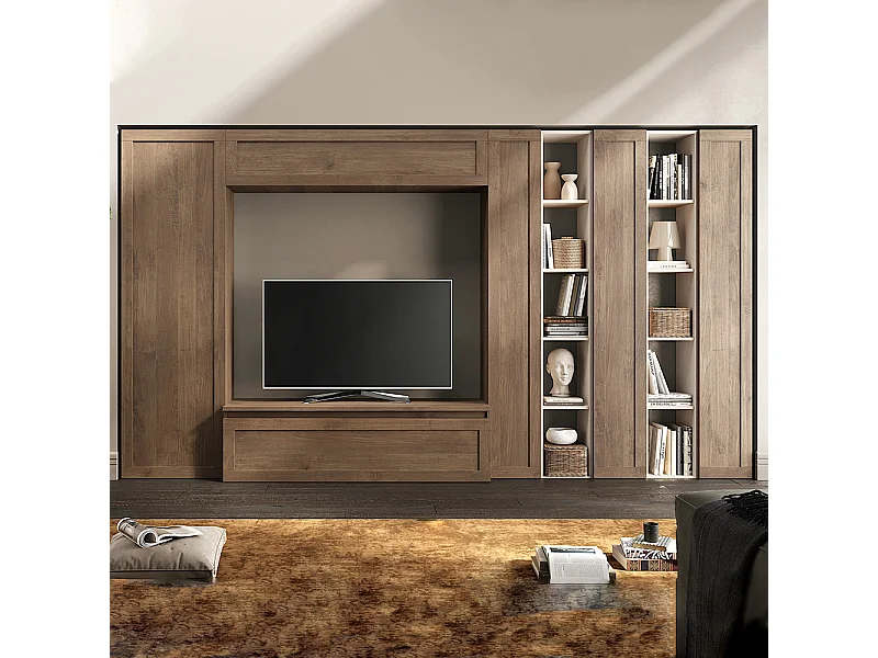 Parete attrezzata soggiorno con libreria 332x186 cm beige e noce PAL74