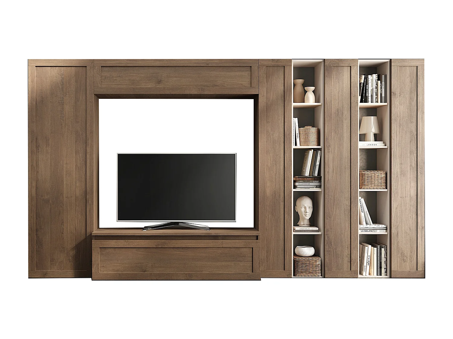 Parete attrezzata soggiorno con libreria 332x186 cm beige e noce PAL74