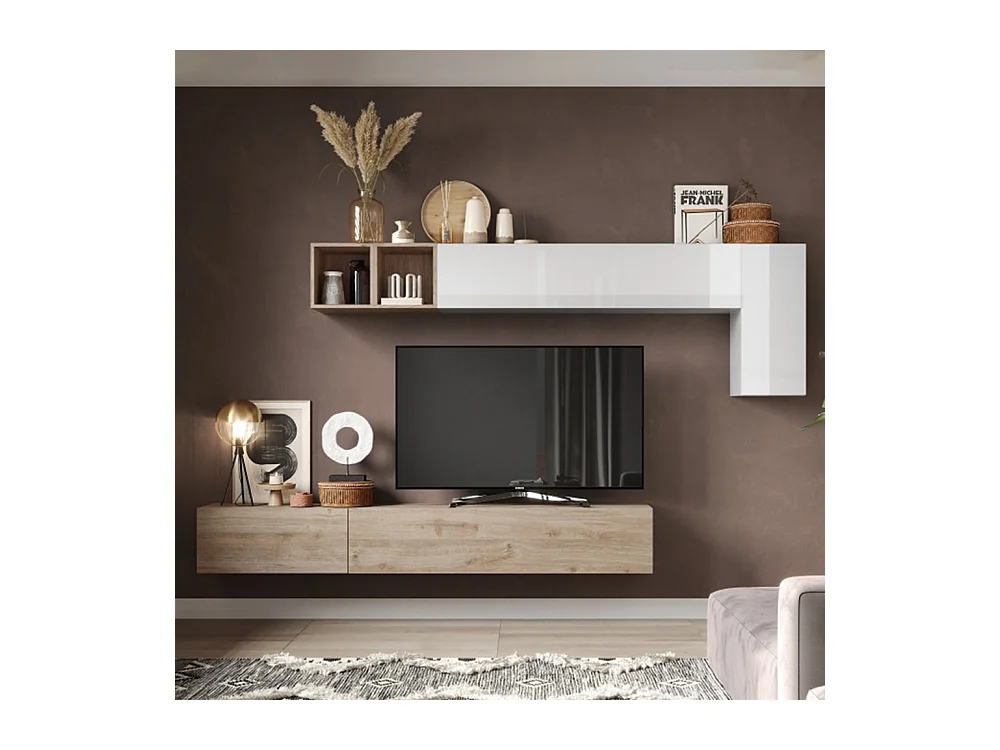 Parete attrezzata sospesa 276x180 cm bianco lucido e rovere PAL48