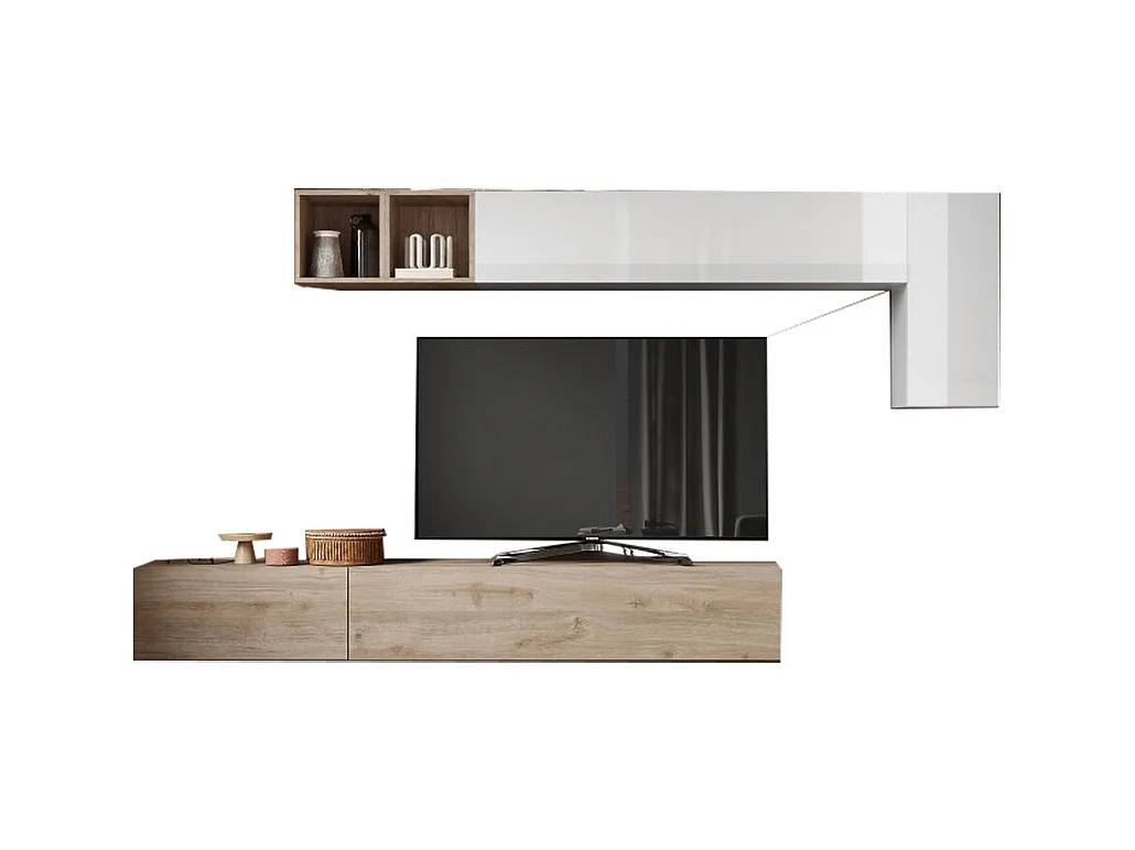 Parete attrezzata sospesa 276x180 cm bianco lucido e rovere PAL48