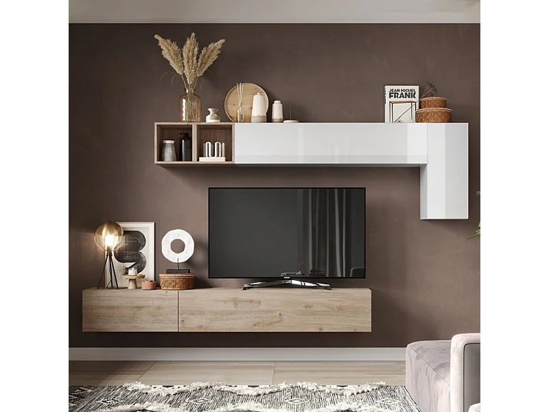 Parete attrezzata sospesa 276x180 cm bianco lucido e rovere PAL48