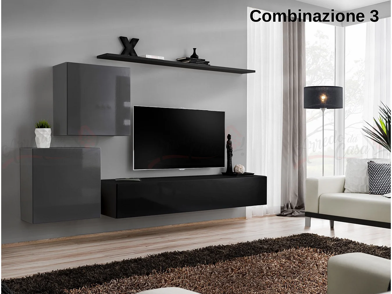 Parete attrezzata moderna mobile TV PAP49 250x150 grigio e nero