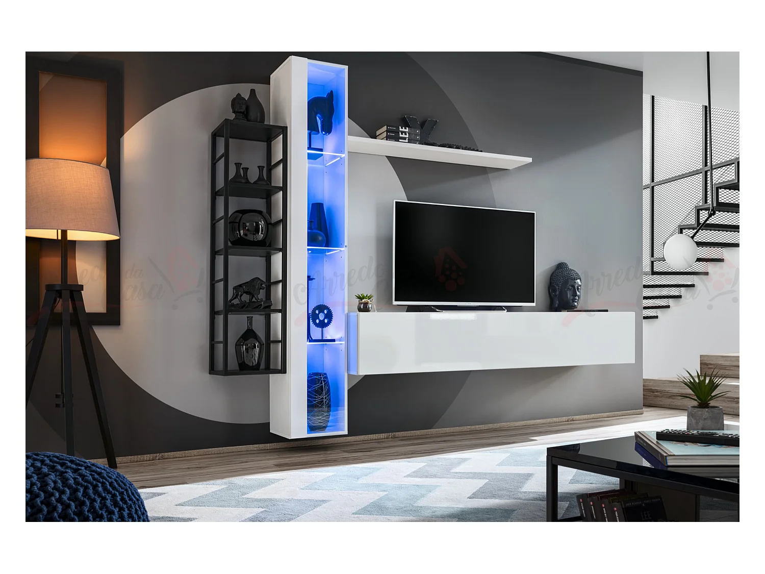 Parete attrezzata da soggiorno vetrina sospesa 240x180 bianco PAP79