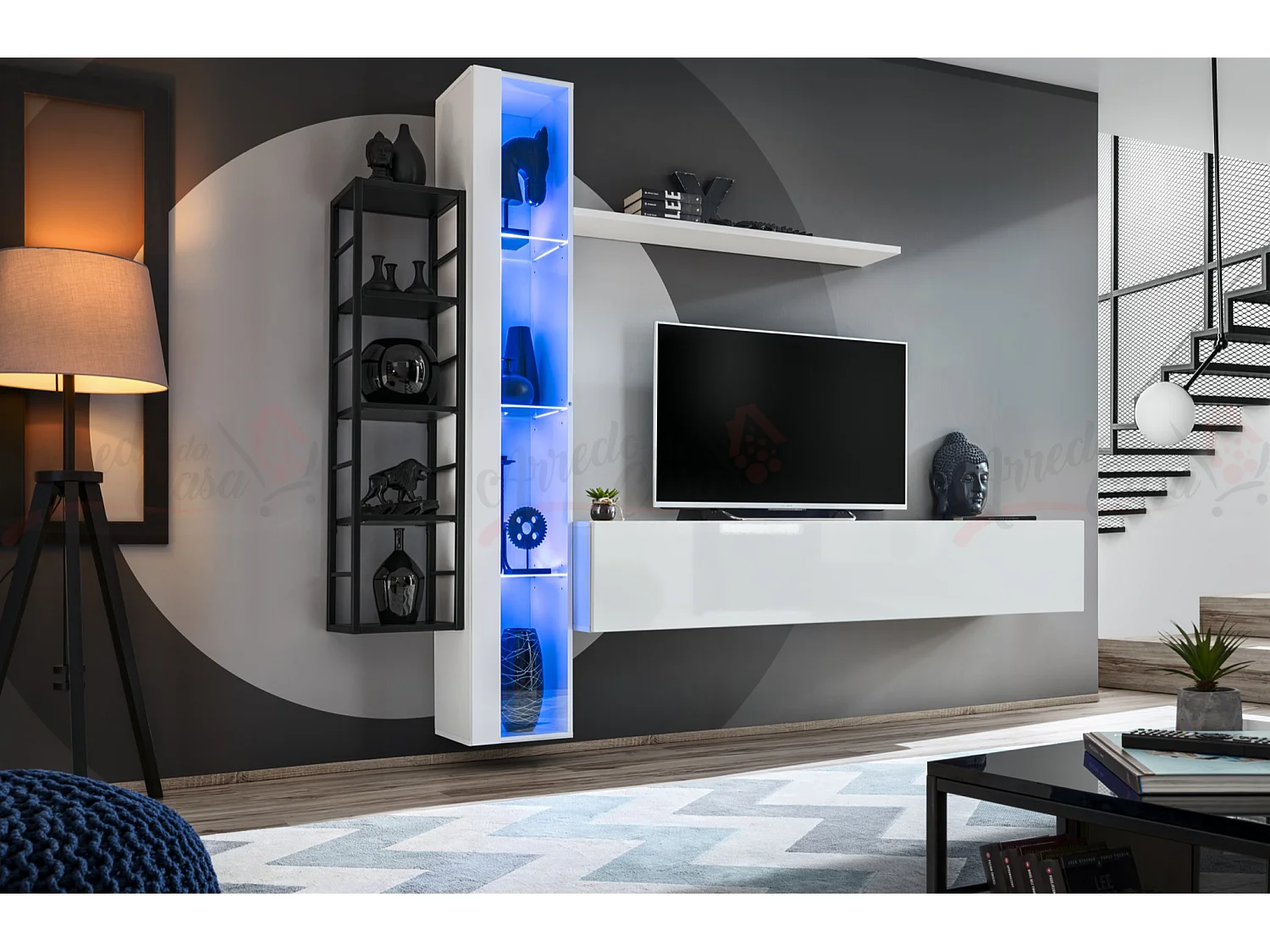 Parete attrezzata da soggiorno vetrina sospesa 240x180 bianco PAP79