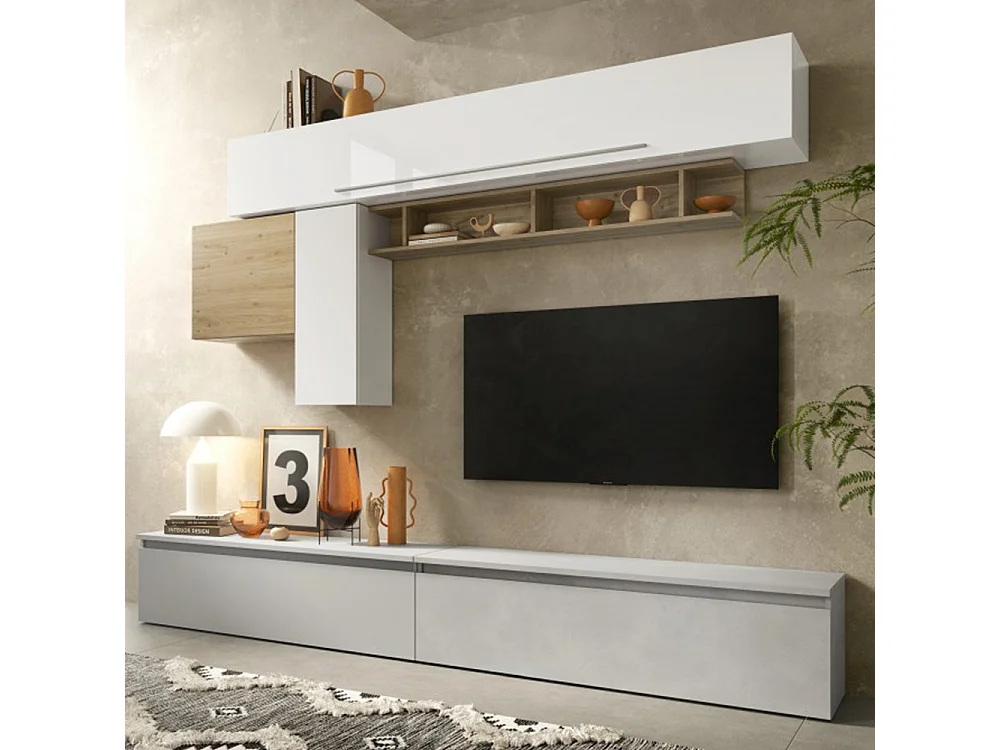 Parete attrezzata moderna 276x187 cm bianco lucido, grigio chiaro e rovere PAL25
