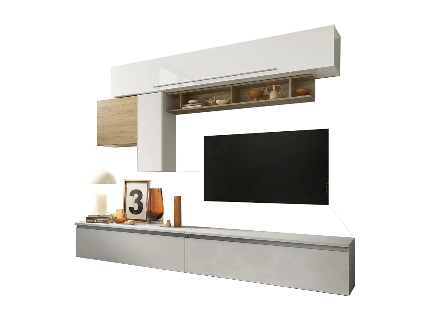 Parete attrezzata moderna 276x187 cm bianco lucido, grigio chiaro e rovere PAL25