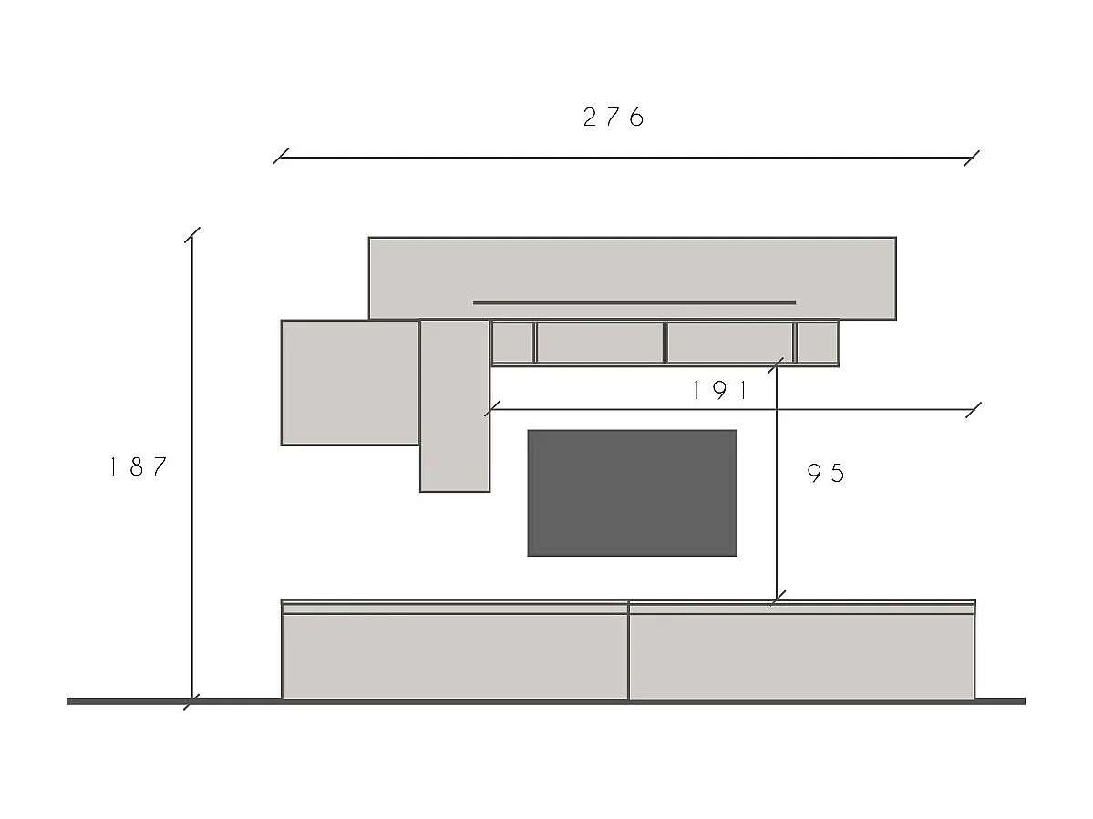 Parete attrezzata moderna 276x187 cm bianco lucido, grigio chiaro e rovere PAL25