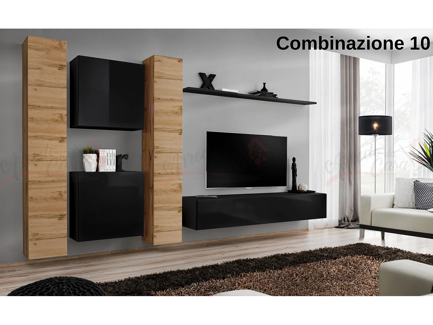 Parete attrezzata moderna sospesa PAP50 330x180 rovere e nero