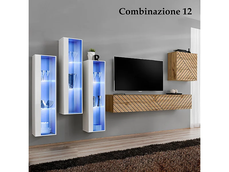 Parete attrezzata da soggiorno con luci LED 270x160 bianco e rovere PAP57