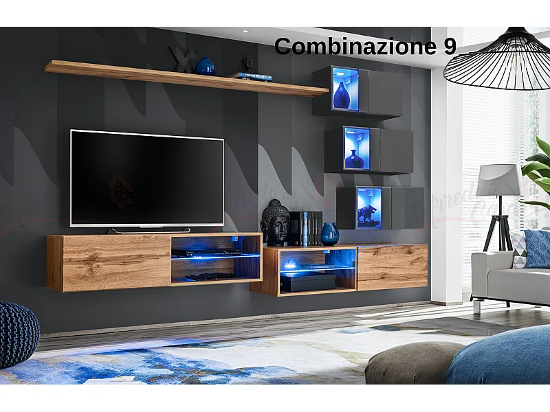 Parete attrezzata per soggiorno con vetrinette e luci led 260x170 rovere e grigio PAP70