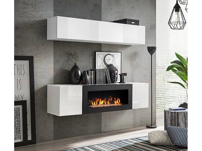 Parete attrezzata soggiorno design moderno con biocamino orizzontale 160x150 bianco PAP111