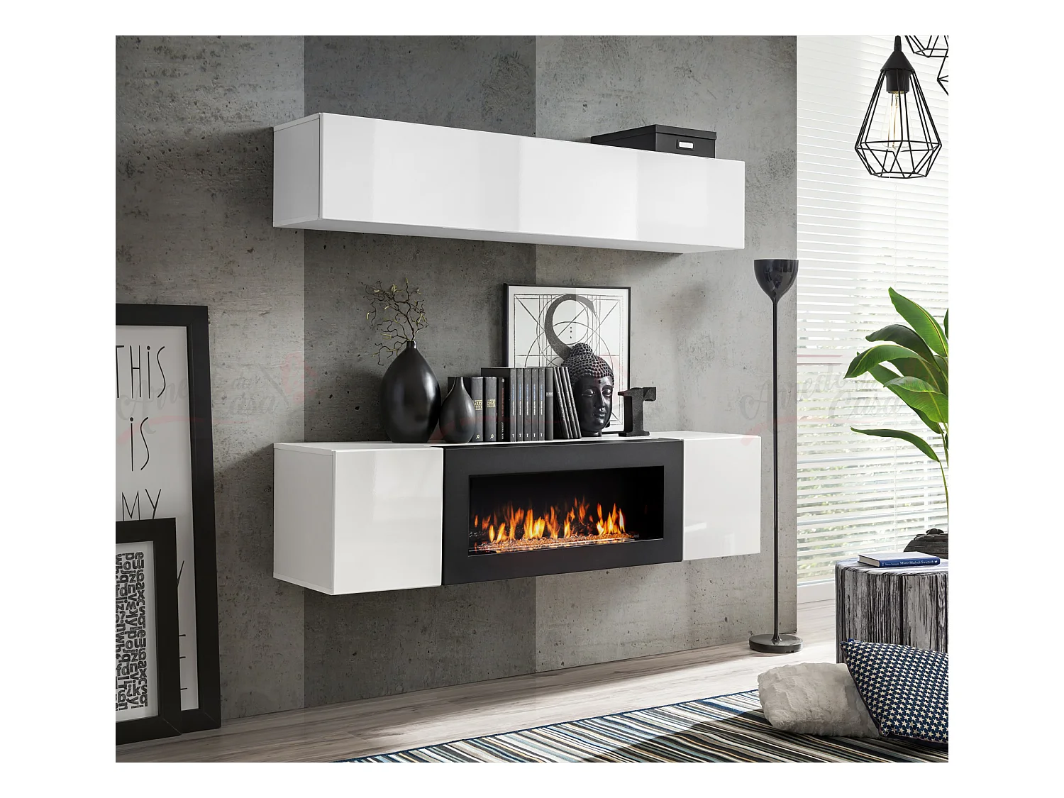 Parete attrezzata soggiorno design moderno con biocamino orizzontale 160x150 bianco PAP111