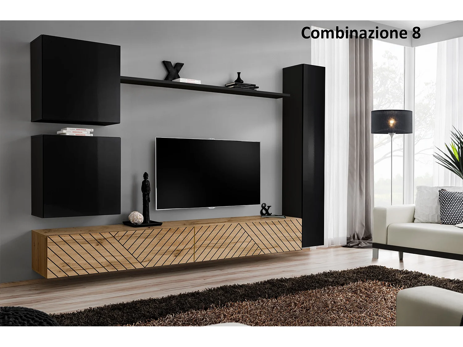 Parete attrezzata soggiorno design moderno PAP52 280x180 nero e rovere