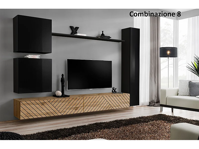 Parete attrezzata soggiorno design moderno PAP52 280x180 nero e rovere