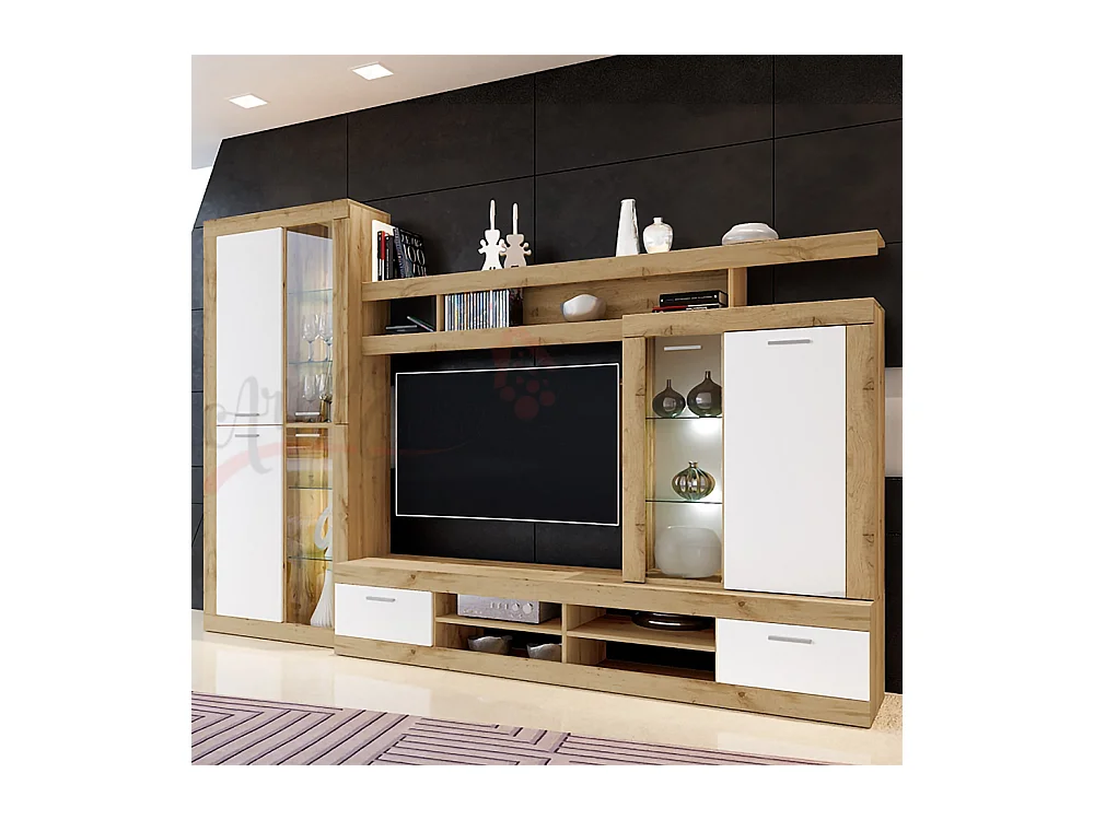 parete attrezzata da soggiorno con led PAI6032 284x180 bianco lucido e rovere