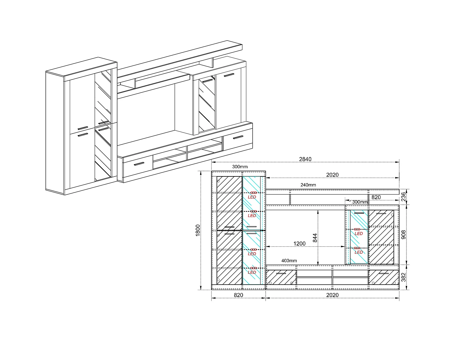 parete attrezzata da soggiorno con led PAI6032 284x180 bianco lucido e rovere