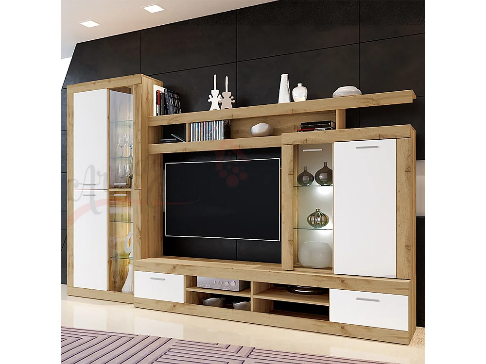 parete attrezzata da soggiorno con led PAI6032 284x180 bianco lucido e rovere