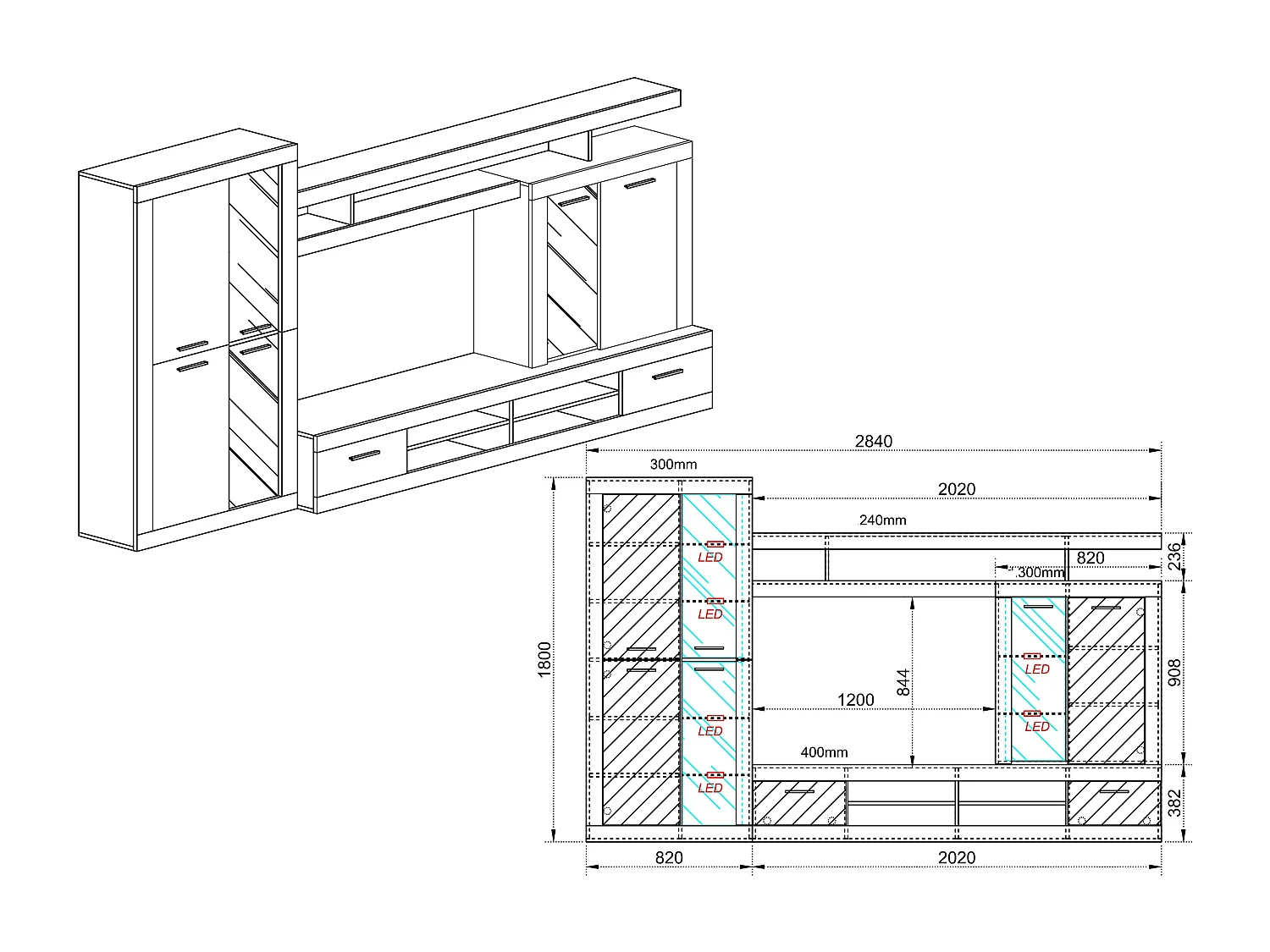 parete attrezzata da soggiorno con led PAI6032 284x180 bianco lucido e rovere