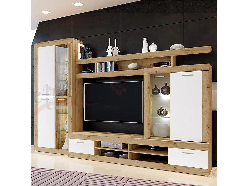 parete attrezzata da soggiorno con led PAI6032 284x180 bianco lucido e rovere