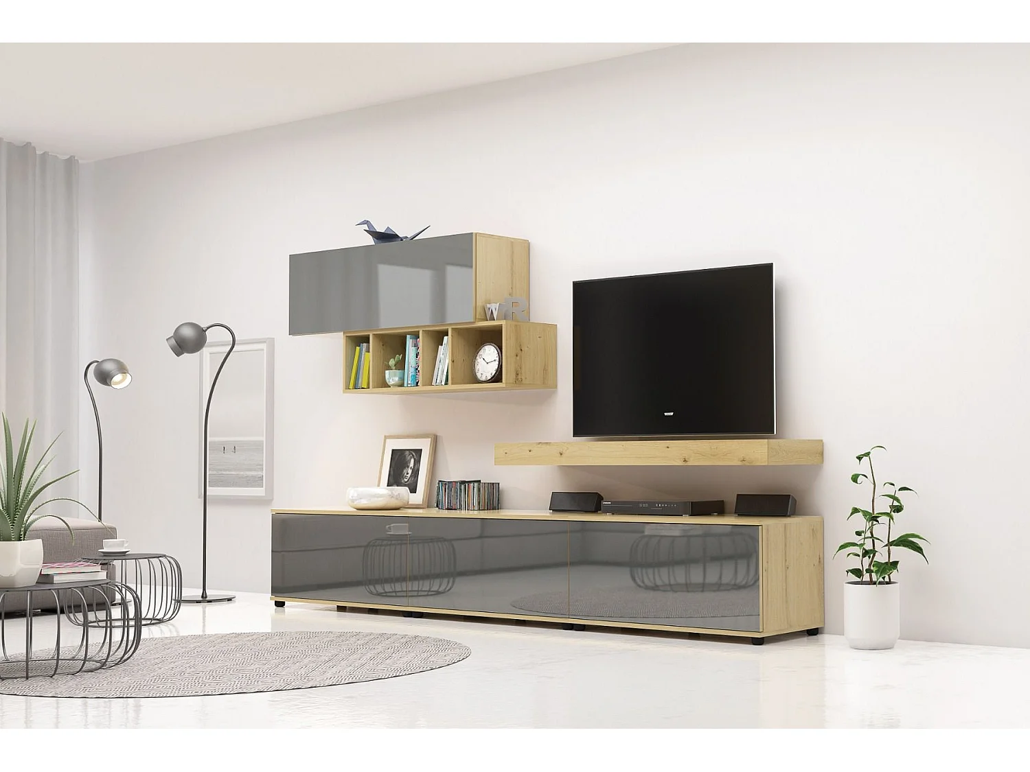 Parete attrezzata moderna rovere chiero/antracite lucido SG33