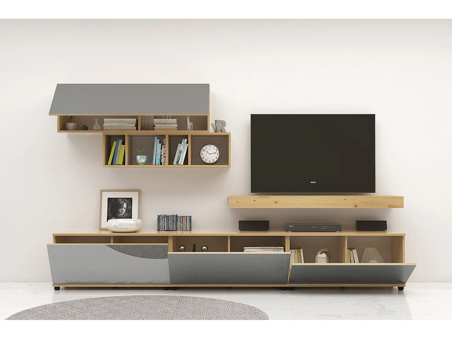 Parete attrezzata moderna rovere chiero/antracite lucido SG33