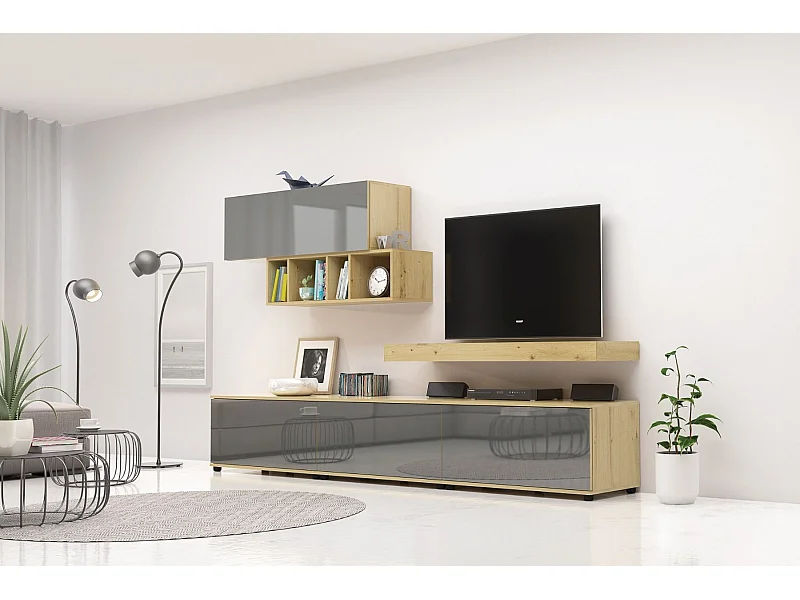 Parete attrezzata moderna rovere chiero/antracite lucido SG33