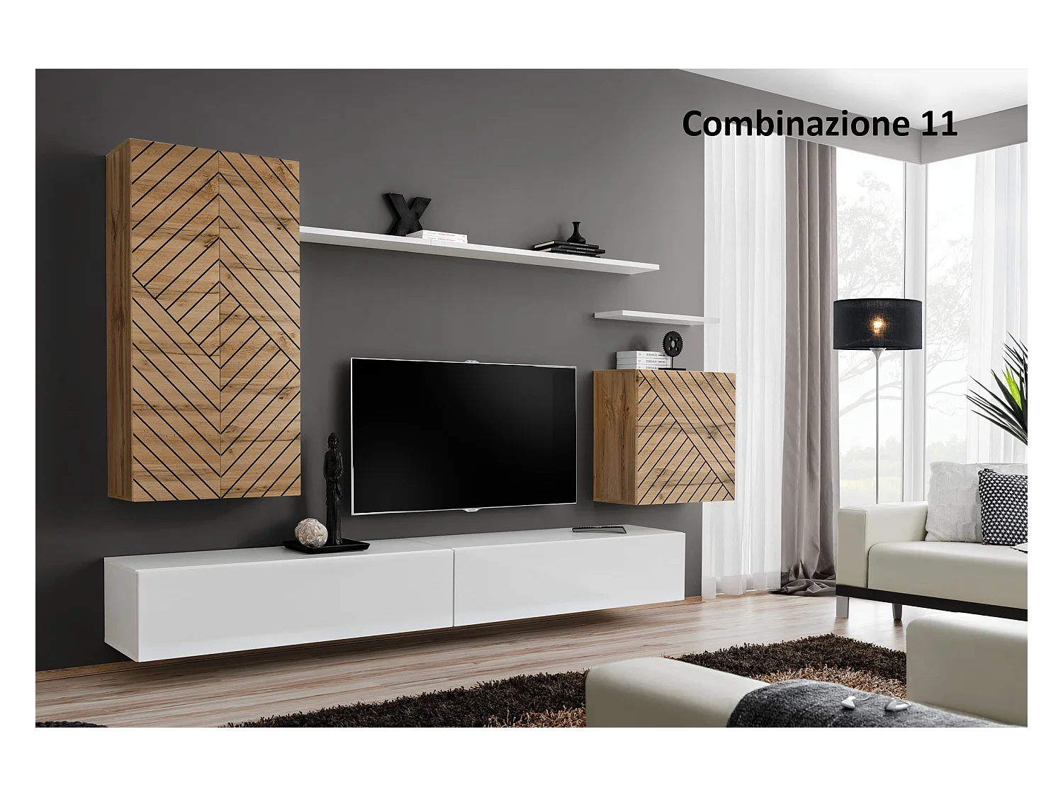 Parete attrezzata sospesa design moderno PAP46 270x160 rovere e bianco