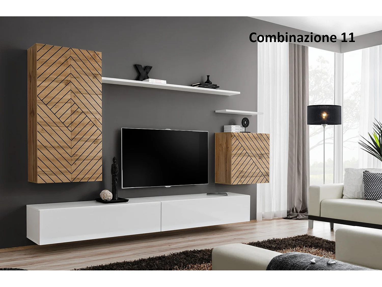 Parete attrezzata sospesa design moderno PAP46 270x160 rovere e bianco