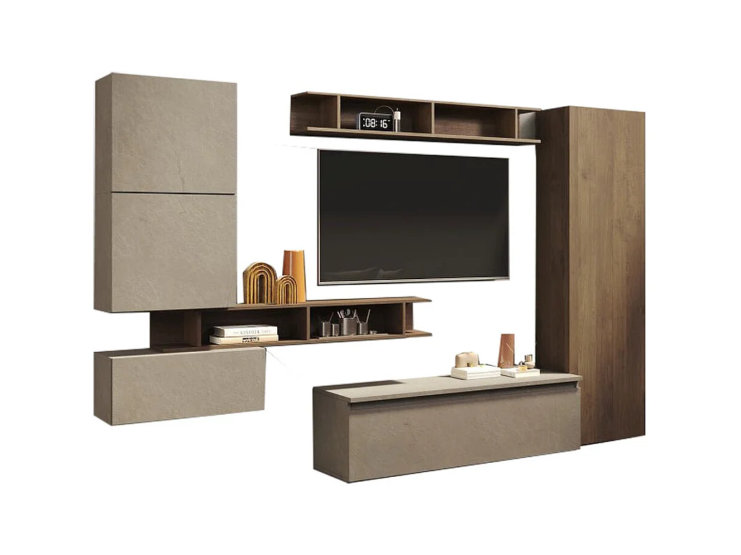 Parete attrezzata soggiorno 295x210 cm argilla e noce PAL45