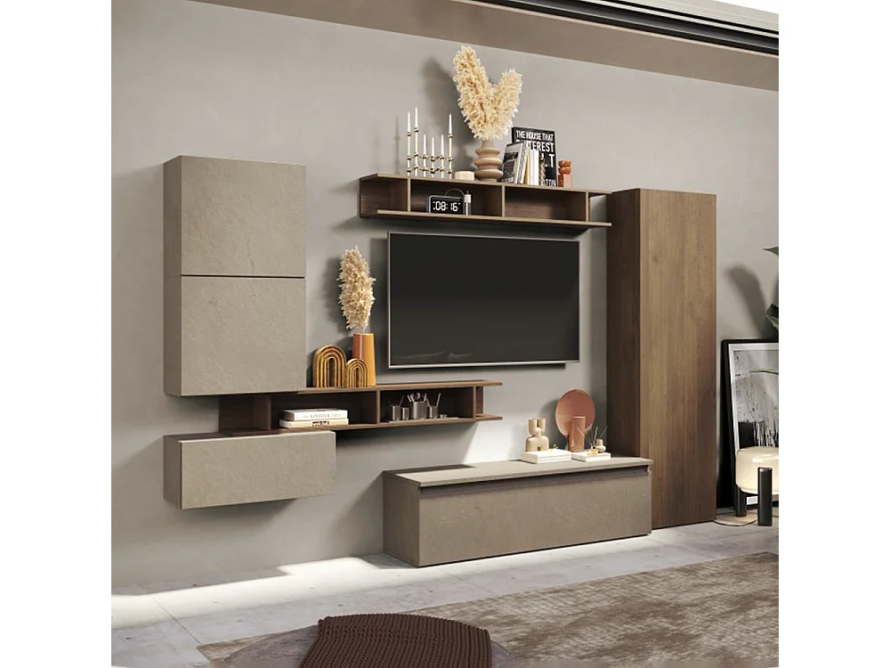 Parete attrezzata soggiorno 295x210 cm argilla e noce PAL45