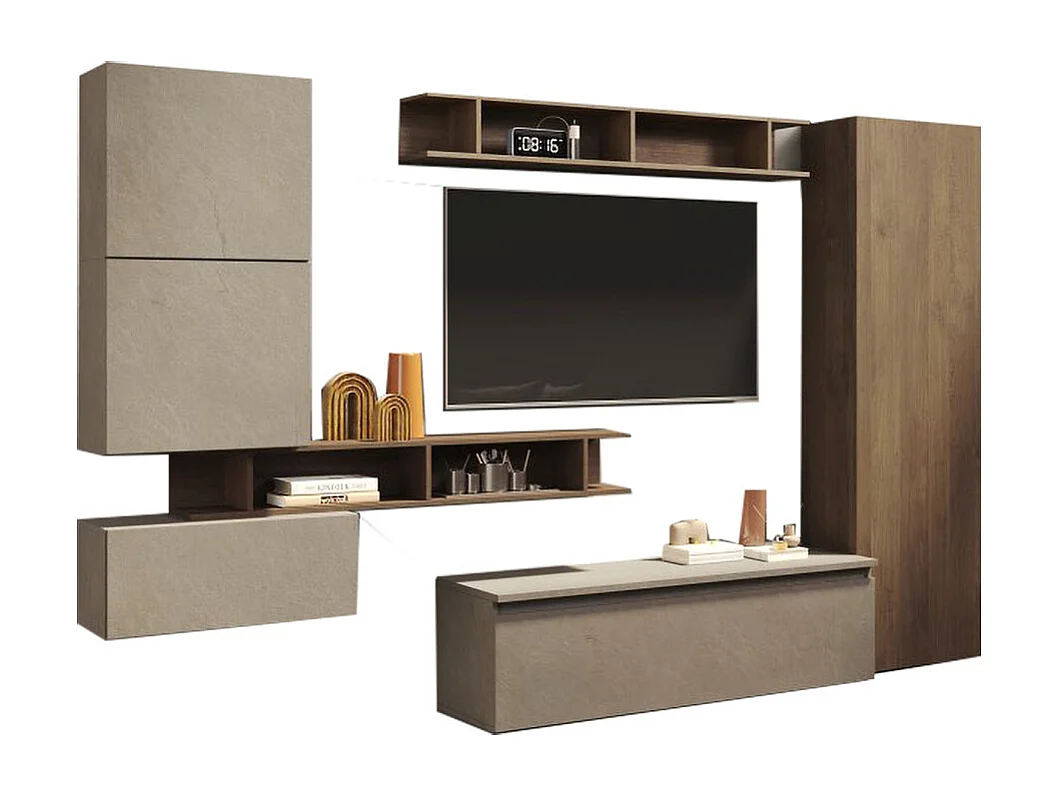 Parete attrezzata soggiorno 295x210 cm argilla e noce PAL45