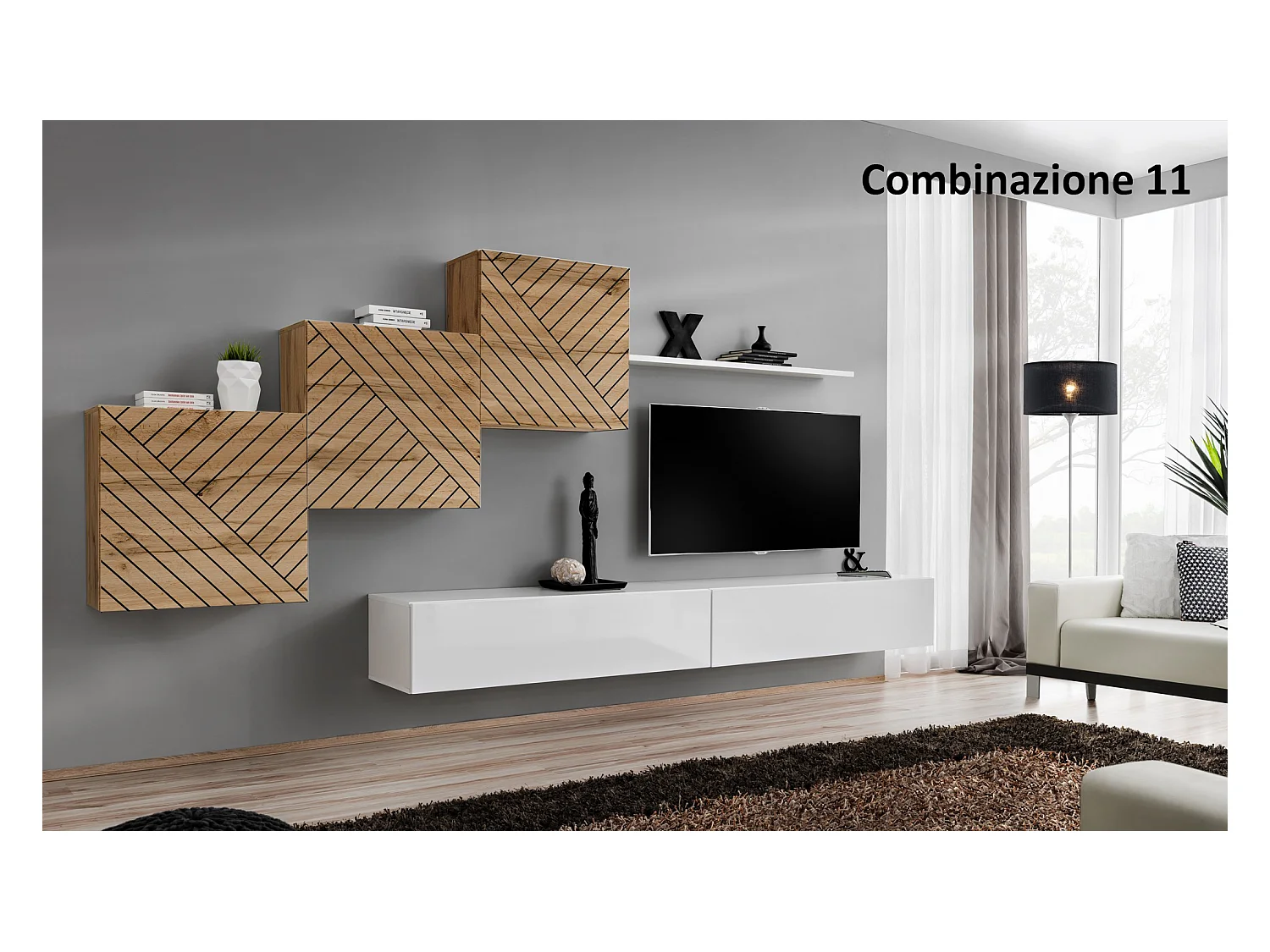 Parete attrezzata mobile TV moderna 330x160 bianco e rovere PAP54